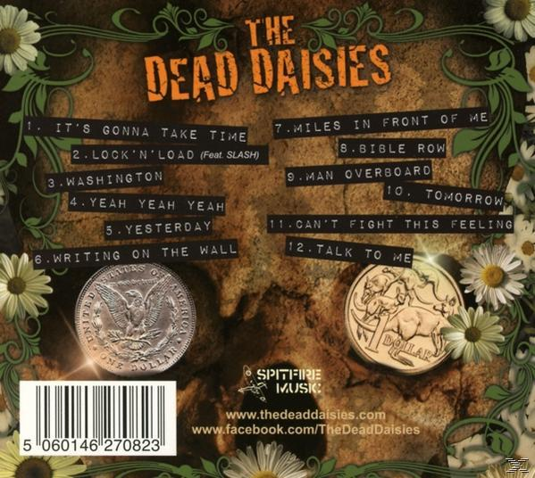 Albumcover von The Dead Daisies. Enthält eine amerikanische und eine australische Münze. Titelliste und Gänseblümchen.
