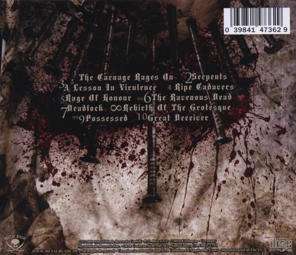 Album-Rückseite. Blutiger Hintergrund. Nägel und Text mit Songtiteln.