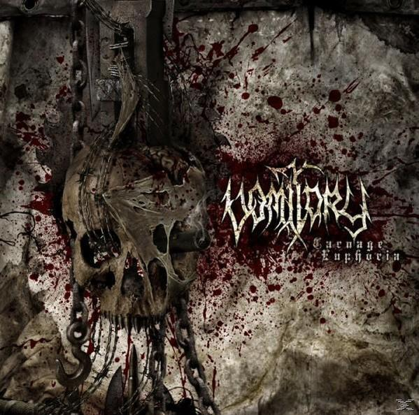 Albumcover: Vomitory, mit einem Totenkopf, Blutspritzern, Ketten und gotischem Text. Dunkel und makaber.