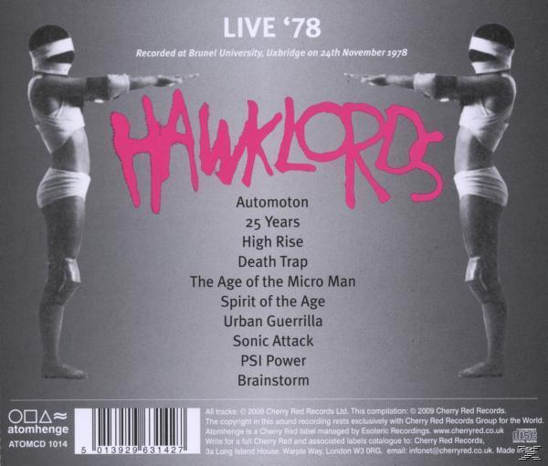 Albumcover mit dem Wort 'HAWKLORDS' in Rosa und Text mit Titeln und Informationen.