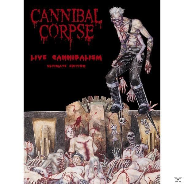 Albumcover: Cannibal Corpse, Live Cannibalism. Figur auf der Bühne, umgeben von Leichen, schwarzer Hintergrund.