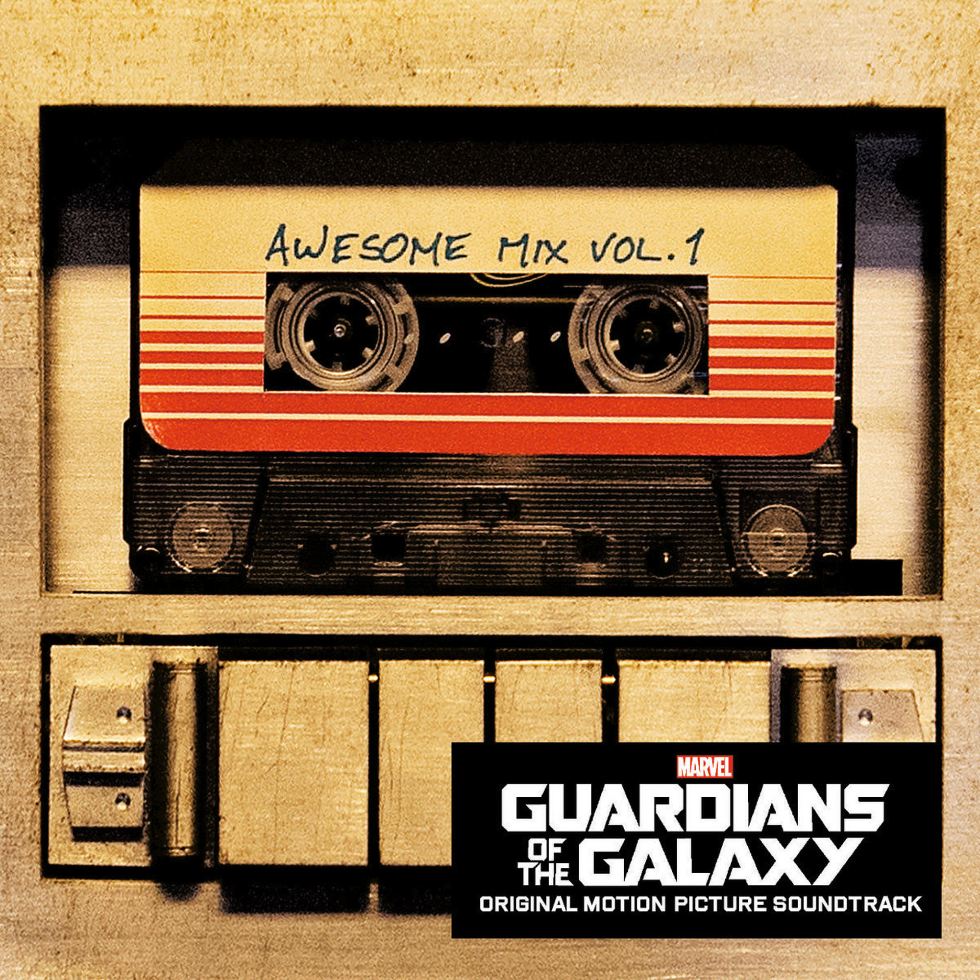 Mix tape des Gardiens de la Galaxie : Cassette dans un lecteur rétro. Texte "Awesome Mix Vol. 1".