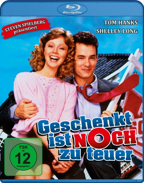 Filmcover mit Tom Hanks und Shelley Long, Text 'Geschenkt ist noch zu teuer'.