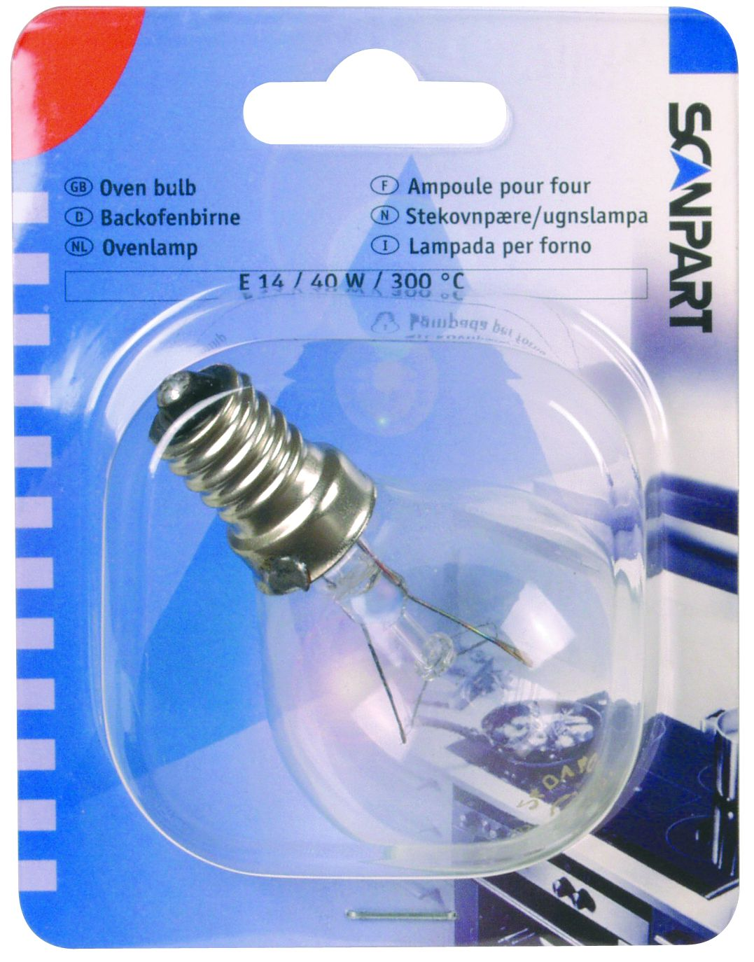 Un emballage plastique transparent contenant une ampoule. Texte : Ampoule de four, E 14/40 W/300 °C et Scanpart.