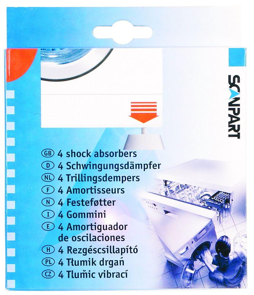 Packaging for shock absorbers. Text in various languages. Image of a washing machine.