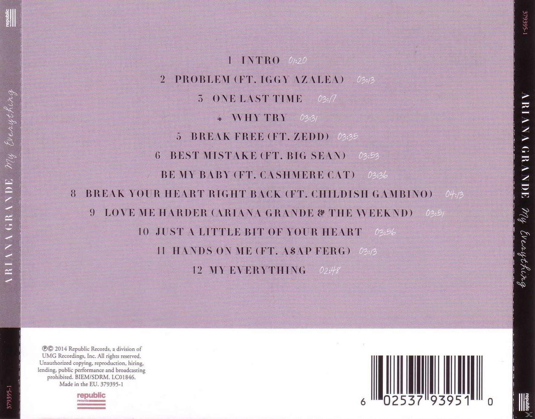 Albumcover: Ariana Grande, 'My Everything'. Titelliste auf der linken Seite des Albums.