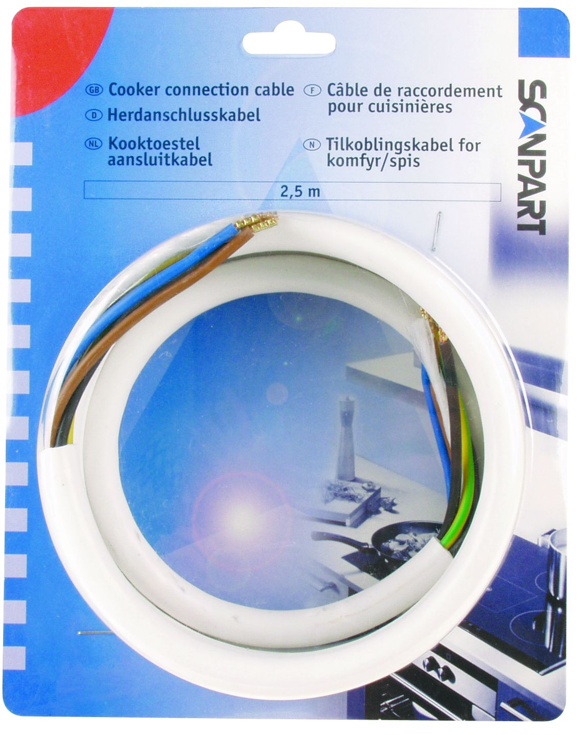 Kooktoestel aansluitkabel. Witte kabel, blauwe, bruine, gele en groene draden. Blauwe achtergrond.