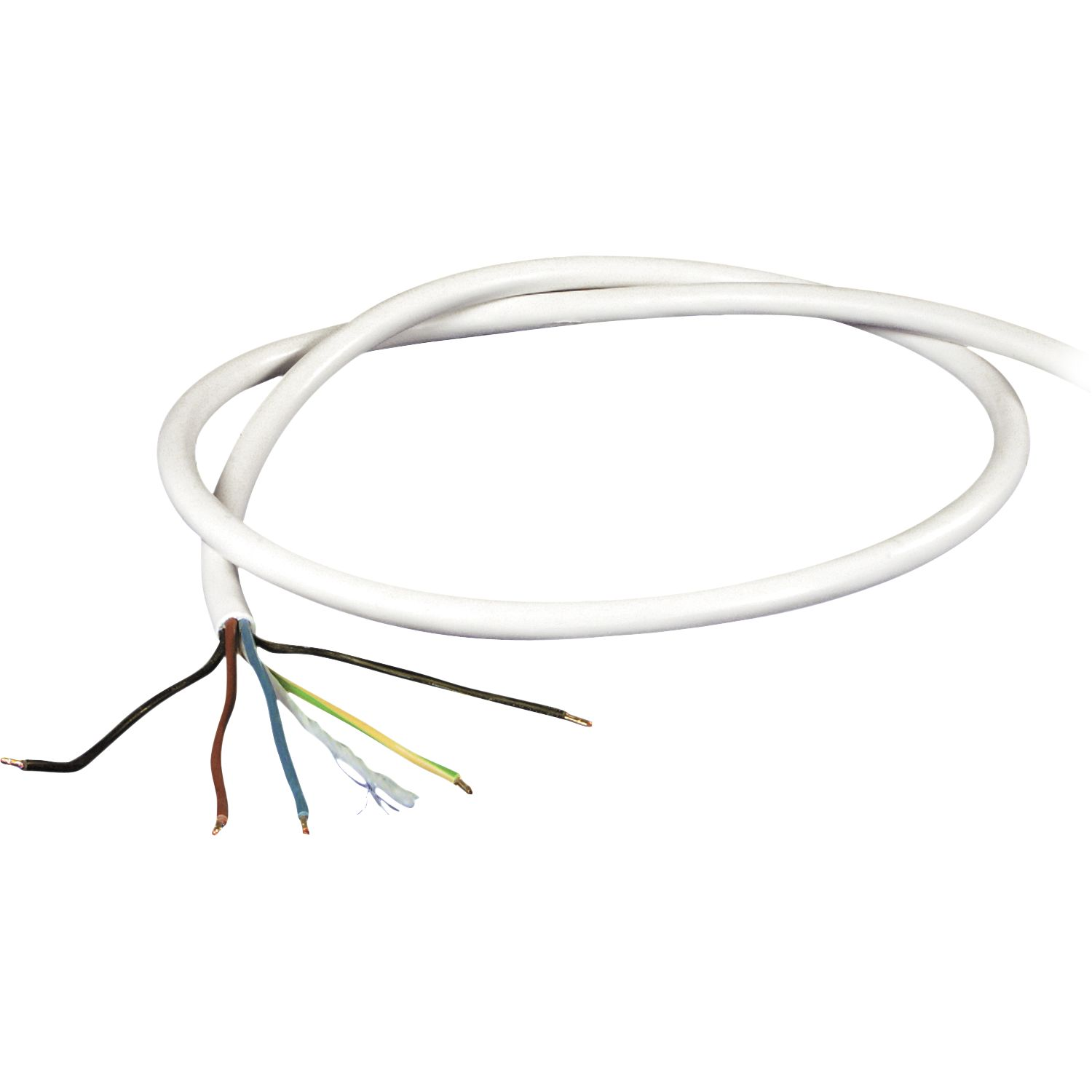 Een witte kabel met meerdere gekleurde draden die uitsteken aan één uiteinde op een witte achtergrond.