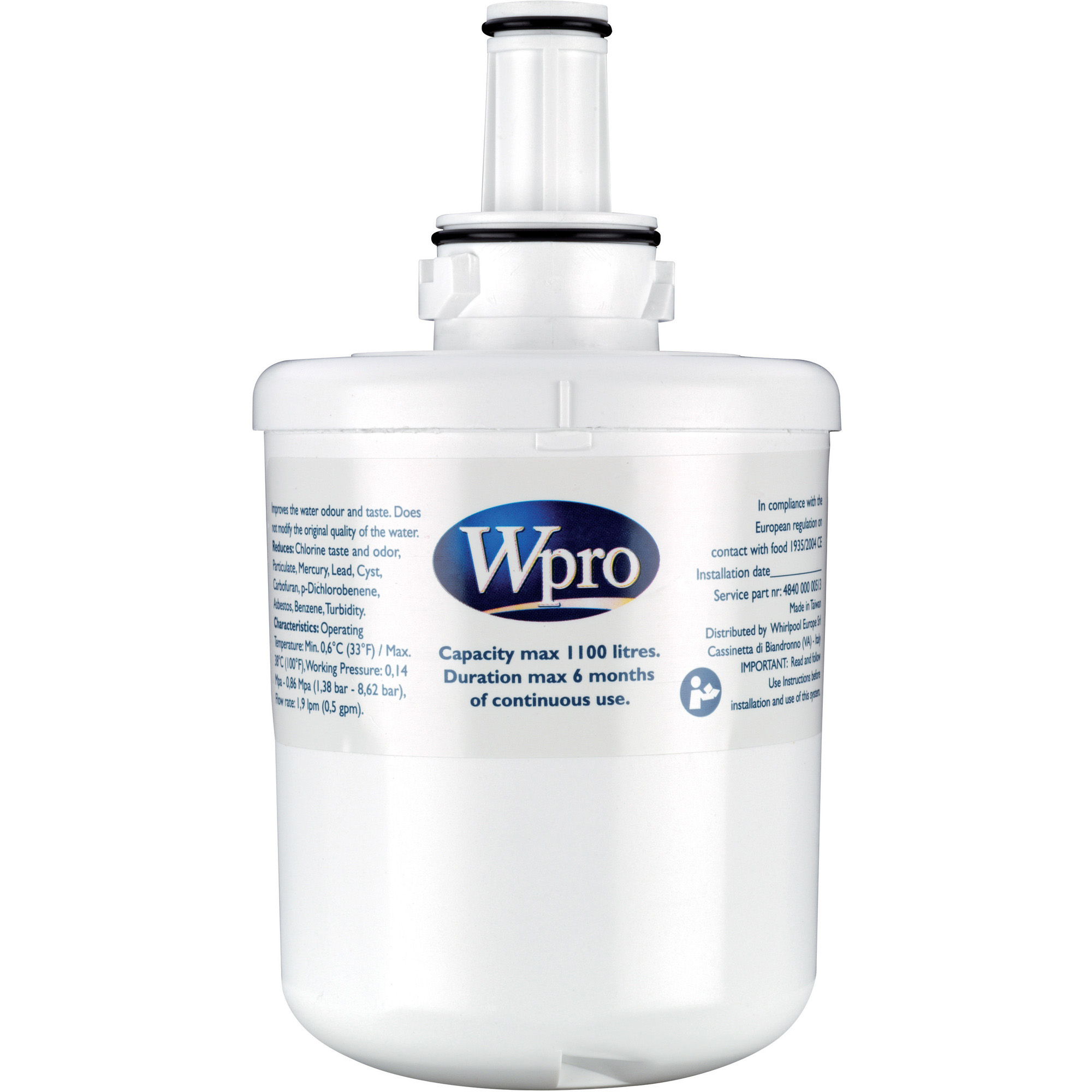 Filtre à eau blanc. Texte : Wpro, Capacité max 1100 litres, 6 mois d'utilisation continue.