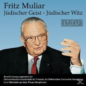 Albumcover von Fritz Muliar. Er trägt eine Brille und einen Anzug. Der Titel lautet 'Jüdischer Geist - Jüdischer Witz'.
