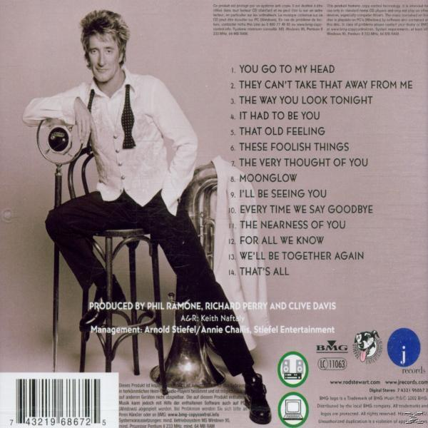 Rückseite der Rod Stewart CD mit Titelliste, Foto von Stewart und anderem Text auf weißem Hintergrund.