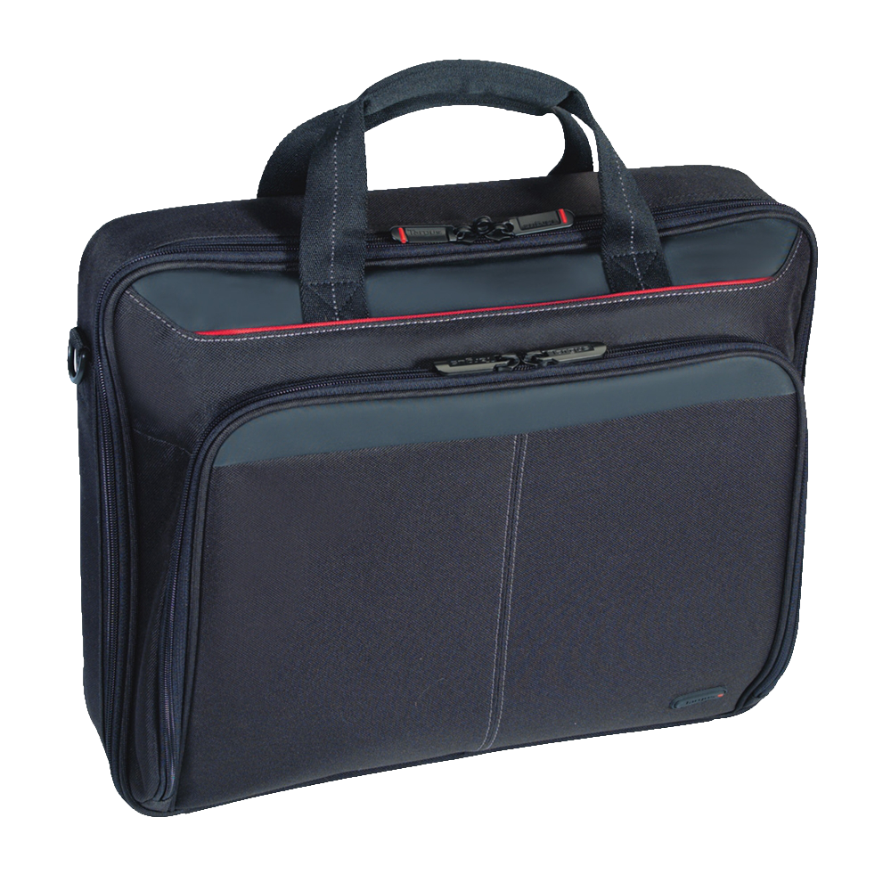 Egy fekete laptop táska több rekesszel és piros cipzár részletekkel, fekete háttéren.