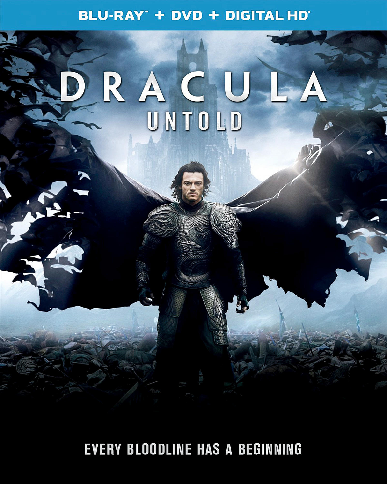 Pochette du DVD : Dracula Untold, homme en armure avec cape sombre, fond de château.