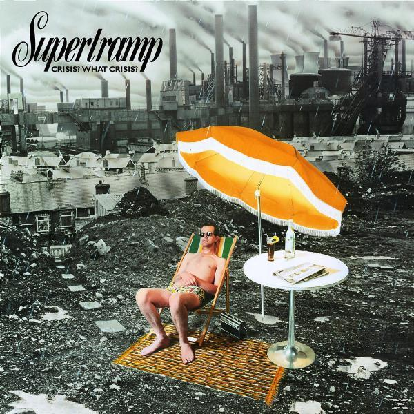 SuperTramp-Albumcover. Mann in einem Stuhl unter einem Sonnenschirm, industrieller Hintergrund, regnerische Szene.