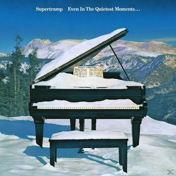 Albumcover, Supertramp - Even In The Quietest Moments. Klavier im Schnee, Bergkulisse.