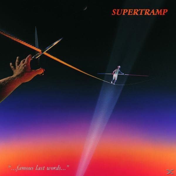 Pochette de l'album Supertramp avec funambule, ciseaux et ciel coloré.