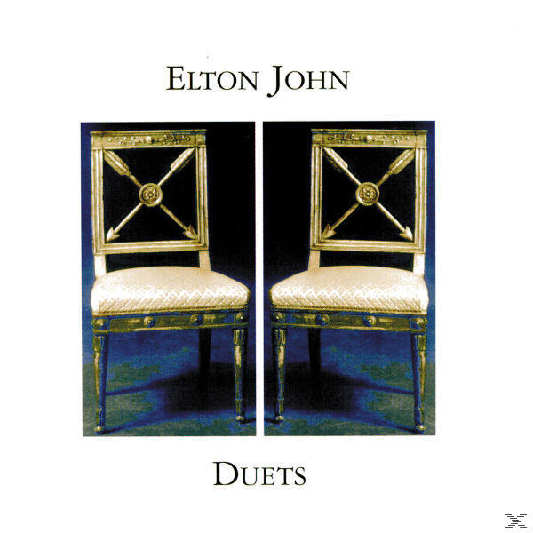 Albumcover mit dem Titel "Elton John Duets" mit zwei antiken Stühlen auf weißem Hintergrund, goldfarbene Akzente.