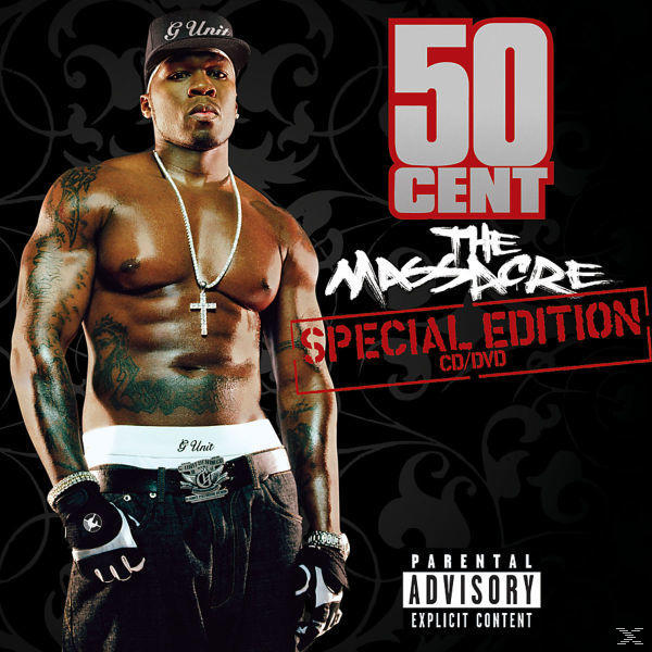 Albumhoes van 50 Cent. Hij is shirtless, draagt een pet en heeft tatoeages. De tekst zegt 'The Massacre'.