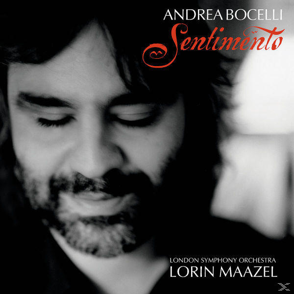 Album borító: Andrea Bocelli, Sentimento. Közeli arc, piros cím, London Symphony Orchestra.
