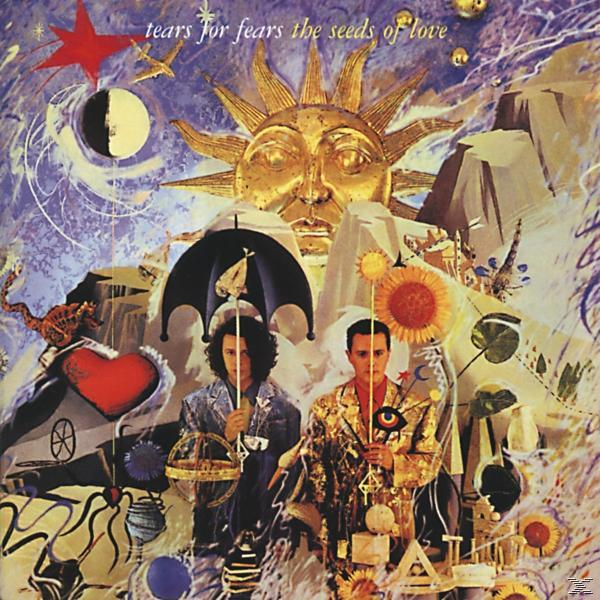 Albumcover mit zwei Männern unter einem Regenschirm, Sonne und Mond, verschiedene himmlische und natürliche Elemente.