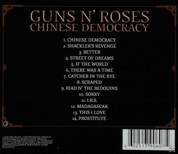 CD-Cover: Der Text 'Guns N' Roses Chinese Democracy'. Die Songliste befindet sich auf dem Cover. Brauner Hintergrund.
