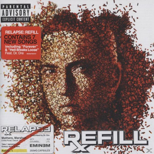 Album borító, Eminem arcával kapszulákból, szülői figyelmeztető matricával és az album címével.