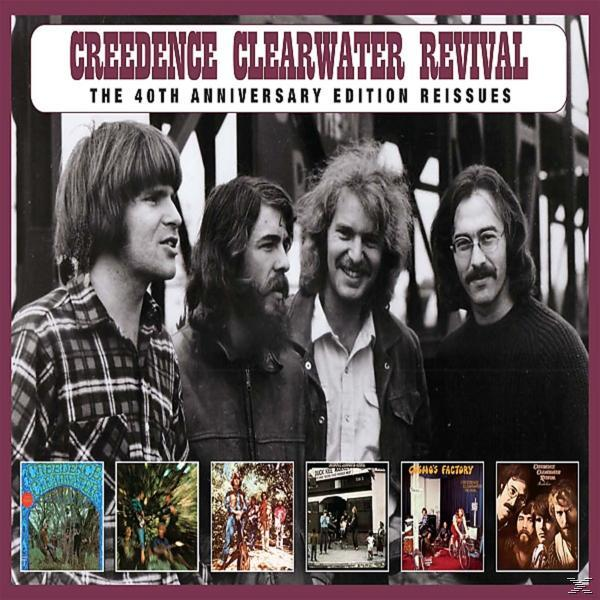 Creedence Clearwater Revival albumcover. Vier mannen poseren samen. Albumcovers staan onderaan.