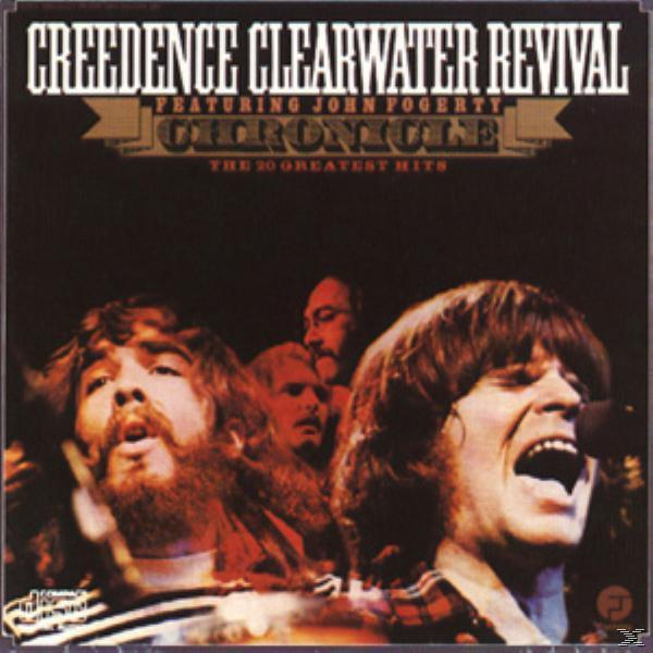 Albumhoes: Band zingt, titel 'Creedence Clearwater Revival', donkere achtergrond.
