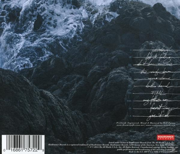 Album-Rückseite, Meeresblick mit dunklen Felsen, Titelliste und Künstler-/Produktionsdetails.