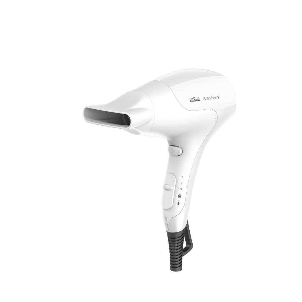 Witte föhn, zwarte handgreep, knoppen en mondstuk. Geïsoleerd op wit.