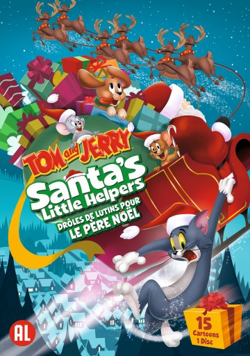 Couverture du DVD Tom et Jerry, Santa's Little Helpers. Le Père Noël et des rennes de dessins animés survolent une ville.