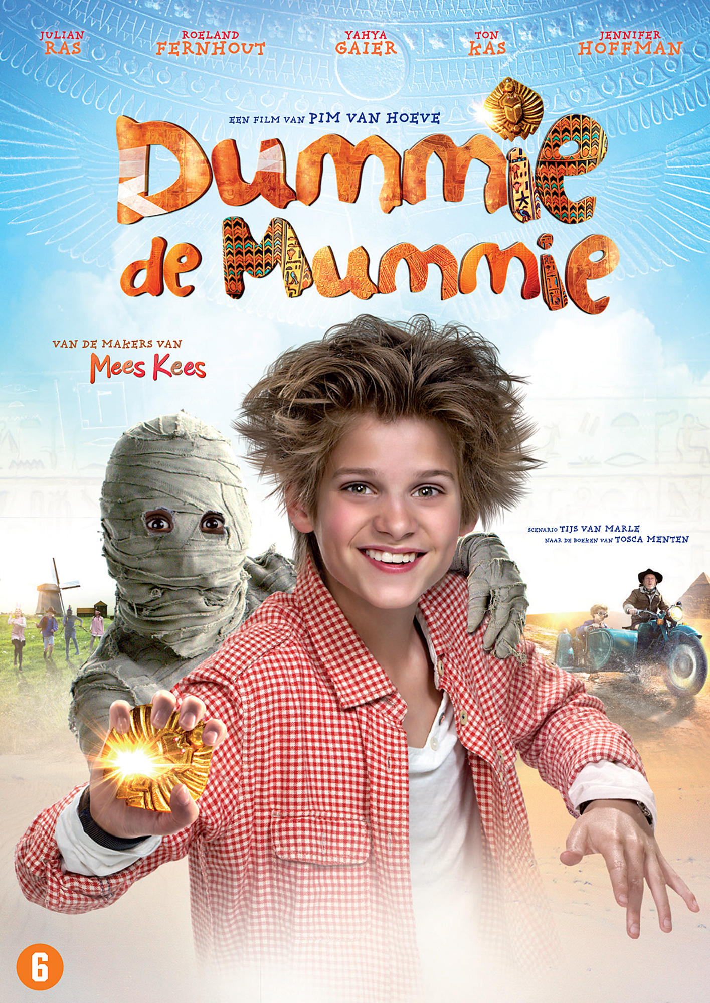 Affiche de film : Garçon avec une momie et d'autres personnages. Titre : Dummie de Mummie. Texte en haut.