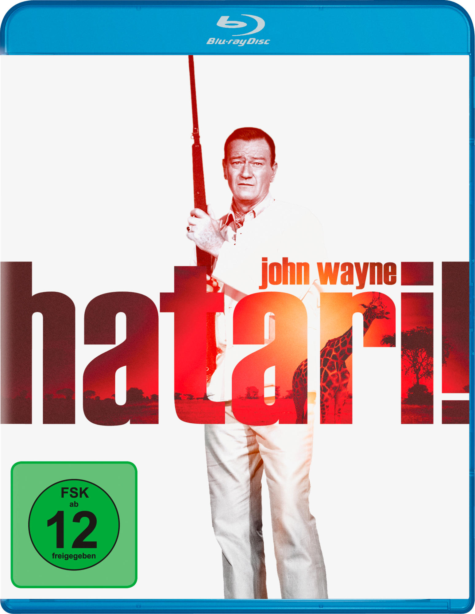 DVD-Cover mit John Wayne und dem Titel 'Hatari!'. Rote und weiße Farben. Safari-Thema.