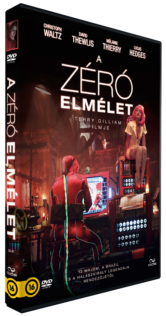 DVD borító: A Zero Theorem című film. Piros öltönyös férfi számítógépen dolgozik. Nő fehér ruhában. Sci-fi téma.