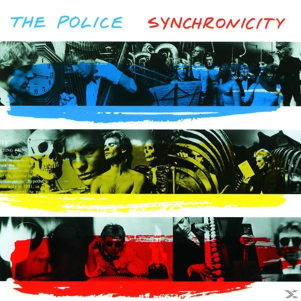 Albumcover mit blauen, gelben und roten Bändern. Enthält Porträts, Schädel und Text mit dem Namen der Band.