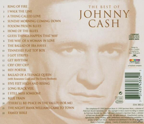 CD hátlap Johnny Cash fotójával és a számok listájával. Tartalmazza az album címét: The Best of Johnny Cash.