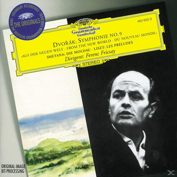 CD-borító egy férfi portréjával a jobb oldalon. Német nyelvű szöveg: 'Dvořák Symphonie No. 9'.