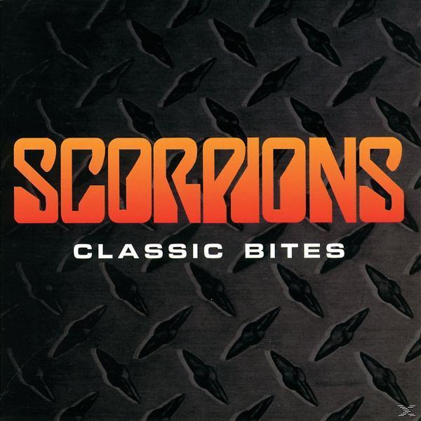 Scorpions-Albumcover. Der Hintergrund hat ein Muster. Der Text lautet 'Scorpions' und 'Classic Bites'.