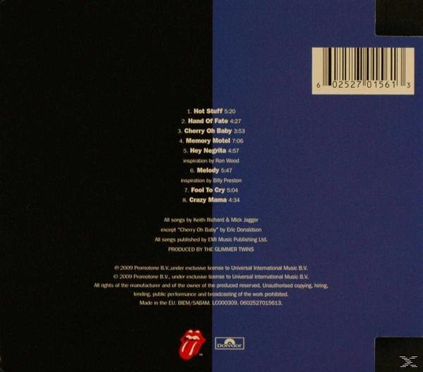 Albumcover mit Songtiteln und einem geteilten schwarzen und blauen Hintergrund. Weißer Text.