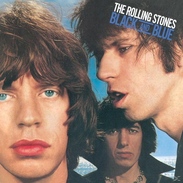 Albumcover mit drei Männern. Text: The Rolling Stones, Black and Blue, Gesichter nah.