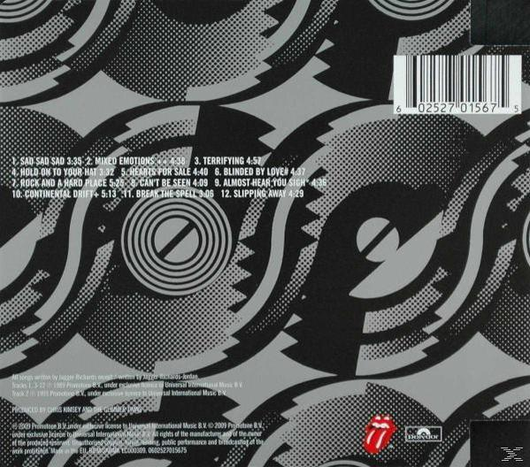 CD-Rückseite. Schwarz-graues geometrisches Design mit dem Rolling Stones-Logo und Songtiteln.