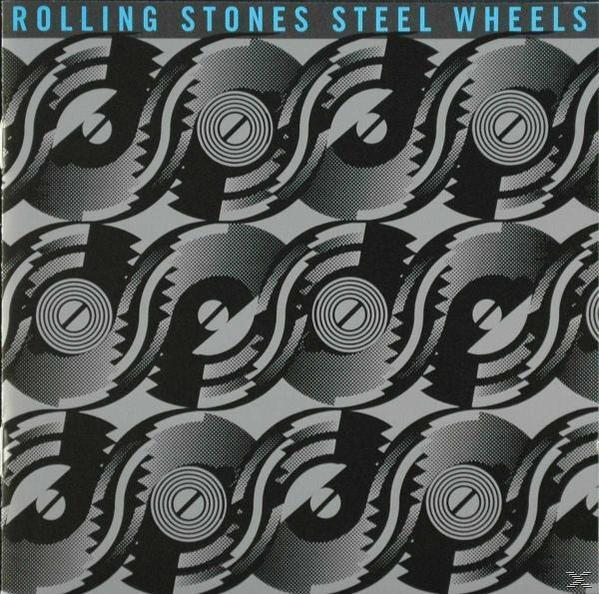 Albumcover: Wiederholendes Muster aus ineinandergreifenden Zahnrädern in Schwarz und Grau, mit den Worten ROLLING STONES STEEL WHEELS.