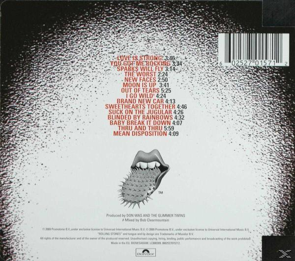 Album-Rückseite mit Titelliste und einem Mund mit Stachel.