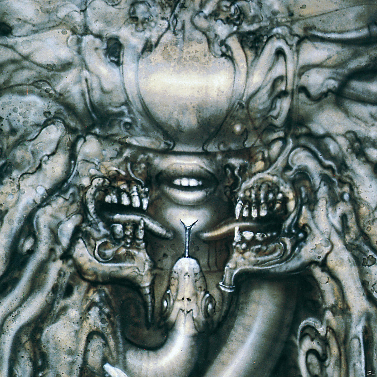 Abstrakte, surreale Kunst mit einem Gesicht mit Zähnen, Schlange und strukturierten Details in Graustufen.