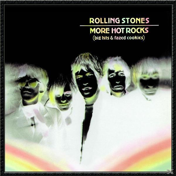 Albumcover: The Rolling Stones, Bandmitglieder mit invertierten Farben. Text: More Hot Rocks.