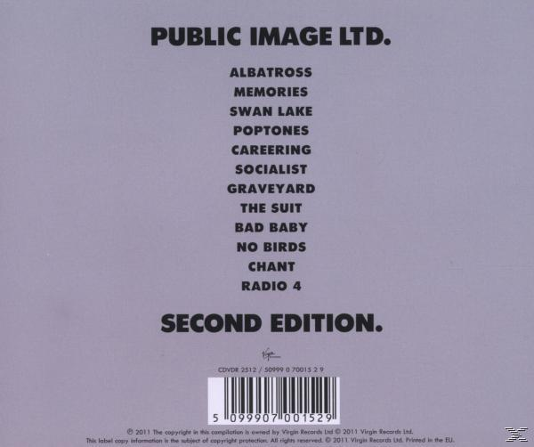Albumcover mit Text: PUBLIC IMAGE LTD., Songtitel, 'SECOND EDITION' und Barcode. Grauer Hintergrund.