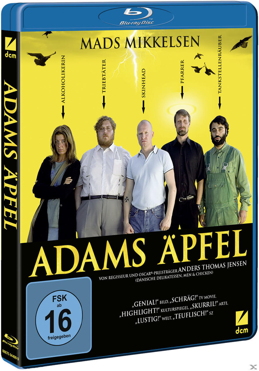 DVD-Cover mit fünf Personen und dem Titel ADAMS ÄPFEL, mit einer blauen Disc und gelbem Hintergrund.
