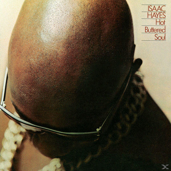 Album borító. Kopasz fekete fej, szemüveg és nyaklánc látható. Szöveg: Isaac Hayes, Hot Buttered Soul.