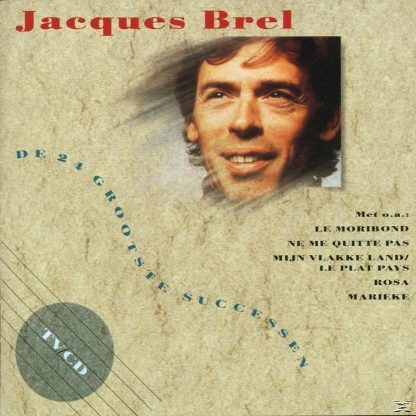 Pochette de l'album de Jacques Brel. Un homme en costume sourit, avec des titres de chansons et un graphique.