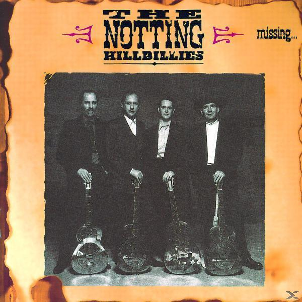 Album borító: The Notting Hillbillies, négy férfi gitárokkal. Bézs háttér szöveggel.